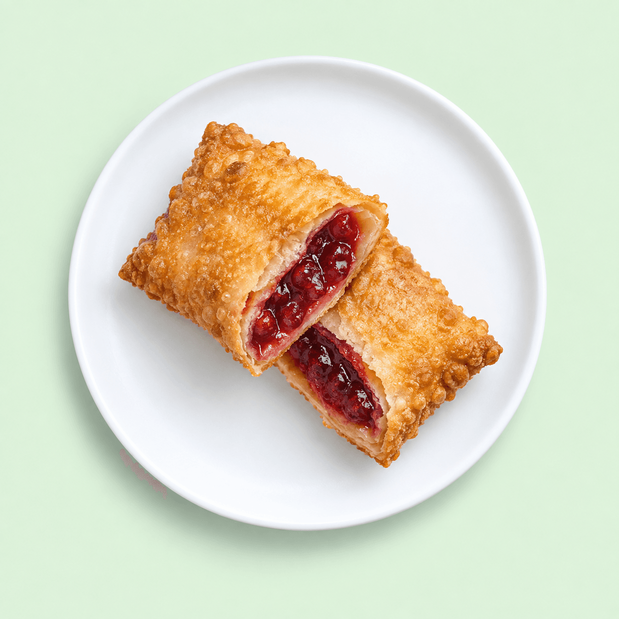 Golden pastry wrap cut open with red jam filling