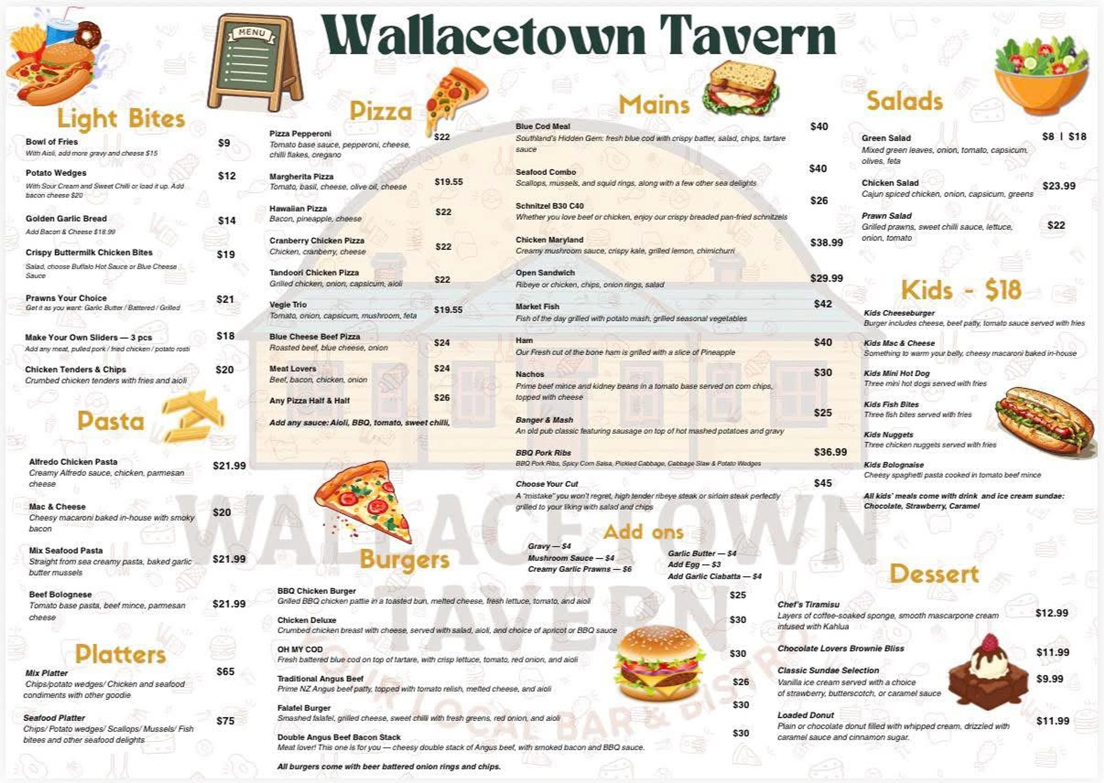 Wallacetown Tavern dine-in menu with light bites, pizza, mains, salads, kids' meals, pasta, burgers, platters and desserts, including prices